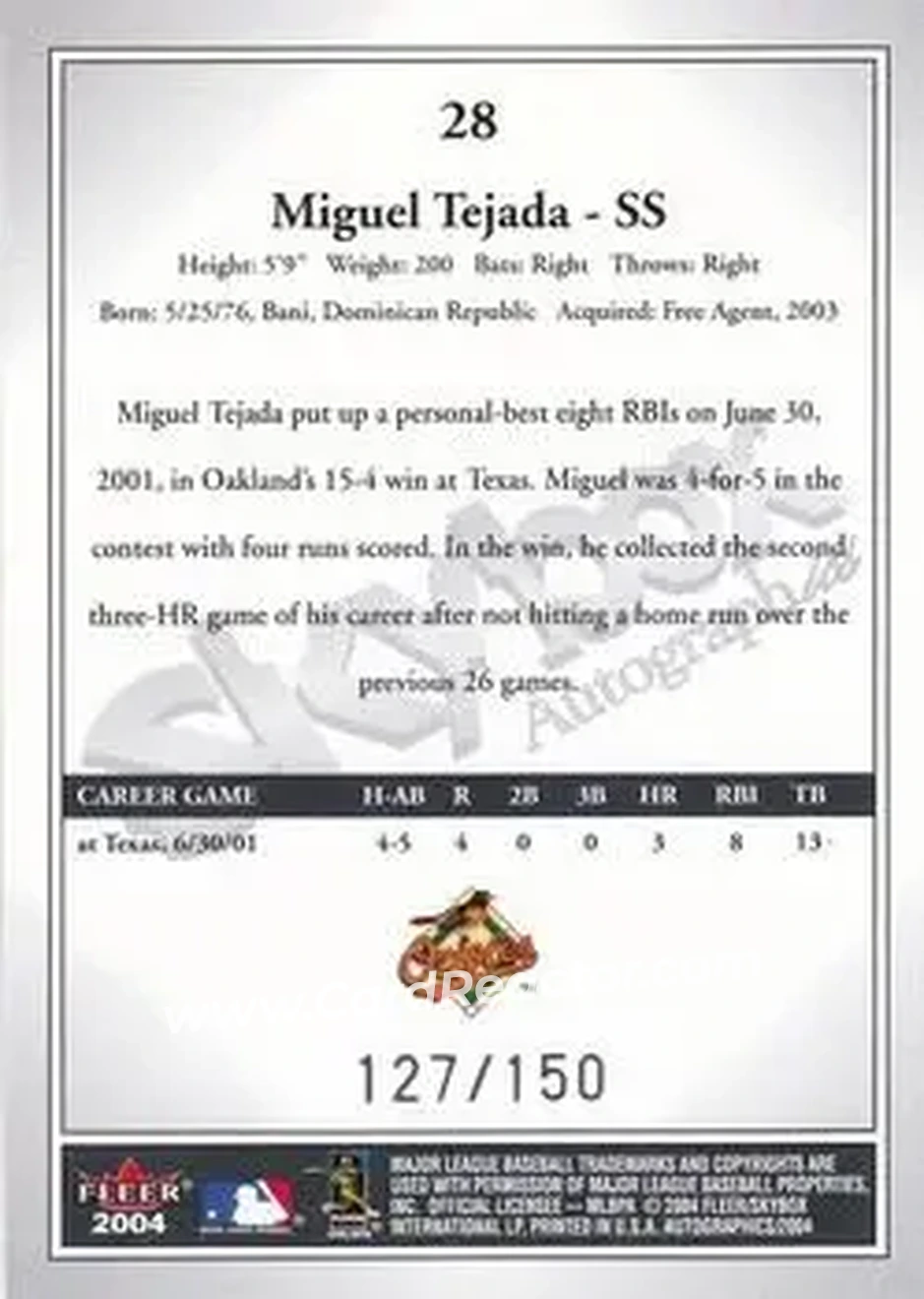 2004 SkyBox Autographics - Insignia #28 - Miguel Tejada - Baltimore Orioles - Back