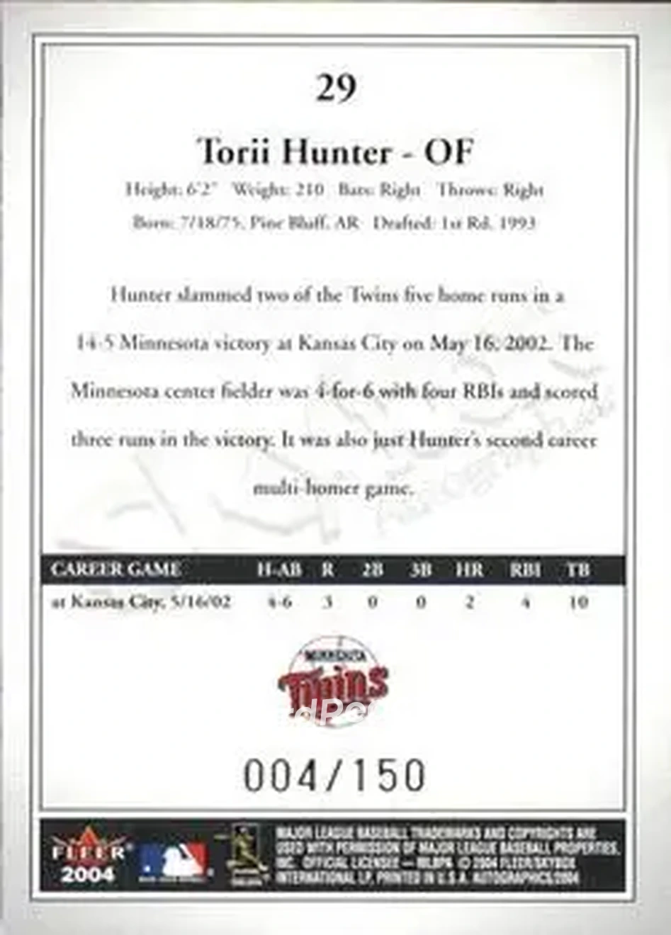 2004 SkyBox Autographics - Insignia #29 - Torii Hunter - Minnesota Twins - Back 2004 SkyBox Autographics - Insignia #29 - Torii Hunter - Minnesota Twins - Back