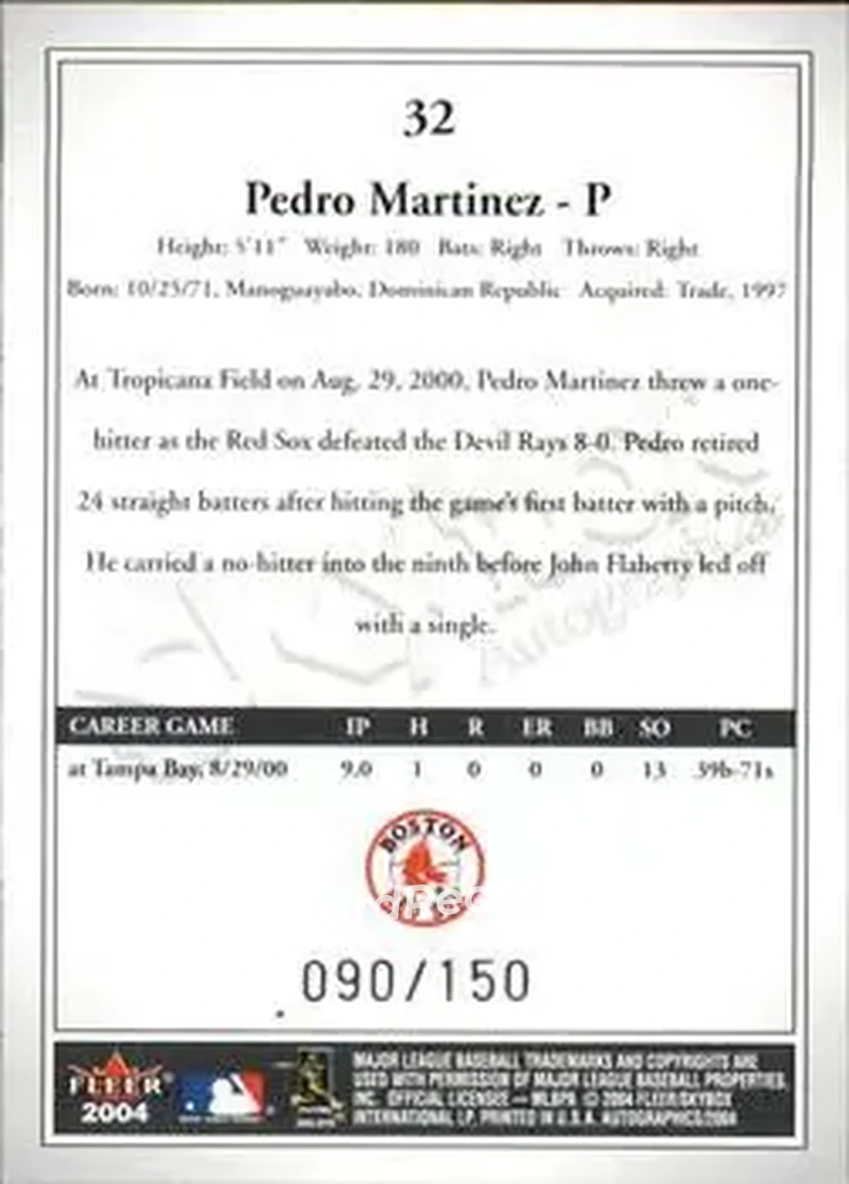 2004 SkyBox Autographics - Insignia #32 - Pedro Martinez - Boston Red Sox - Back