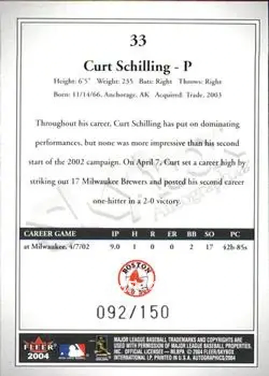 2004 SkyBox Autographics - Insignia #33 - Curt Schilling - Boston Red Sox - Back 2004 SkyBox Autographics - Insignia #33 - Curt Schilling - Boston Red Sox - Back
