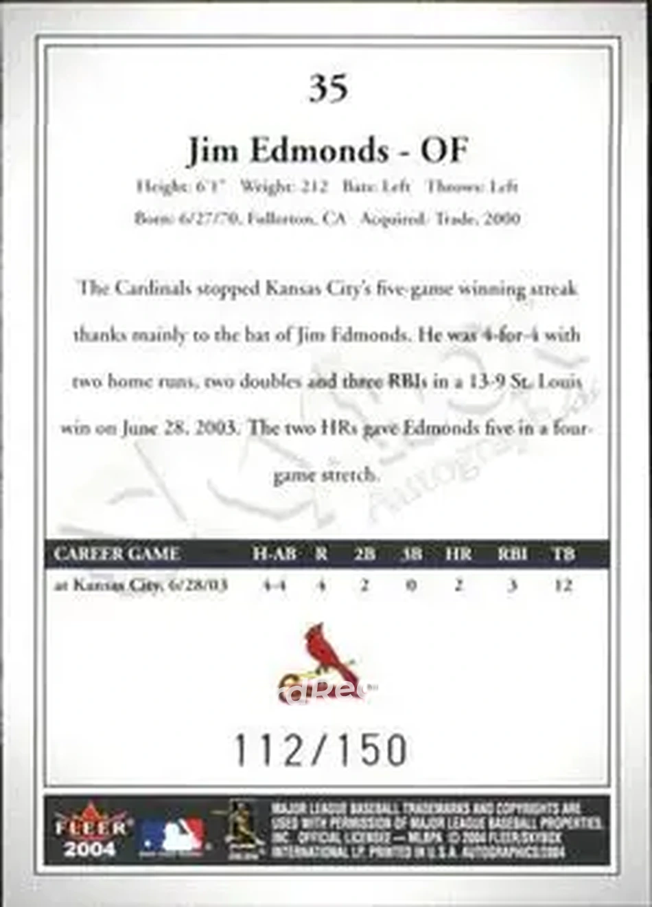 2004 SkyBox Autographics - Insignia #35 - Jim Edmonds - St. Louis Cardinals - Back 2004 SkyBox Autographics - Insignia #35 - Jim Edmonds - St. Louis Cardinals - Back
