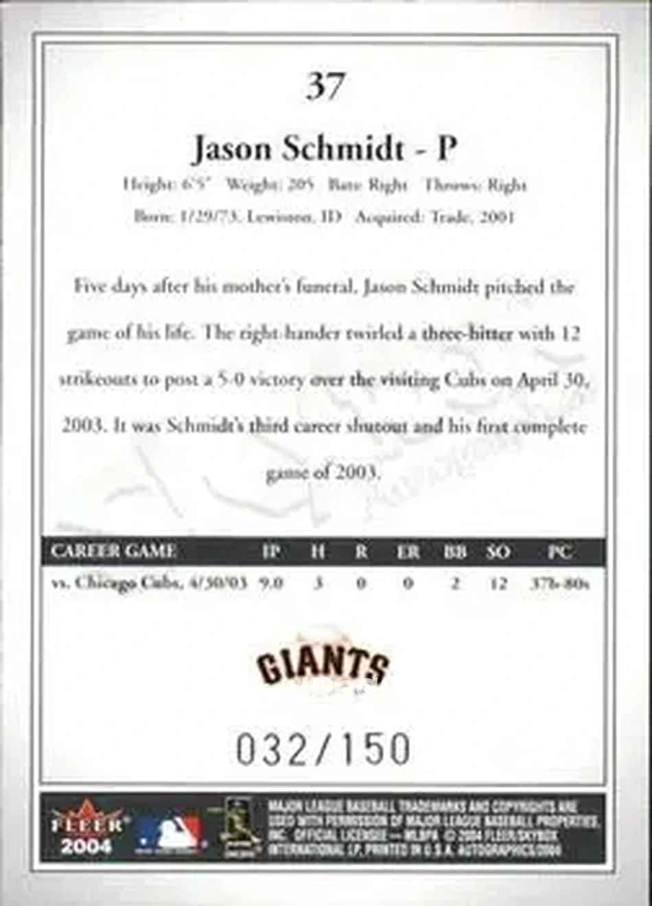 2004 SkyBox Autographics - Insignia #37 - Jason Schmidt - San Francisco Giants - Back 2004 SkyBox Autographics - Insignia #37 - Jason Schmidt - San Francisco Giants - Back