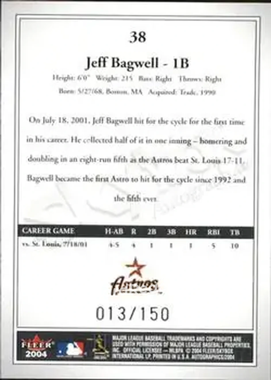 2004 SkyBox Autographics - Insignia #38 - Jeff Bagwell - Houston Astros - Back
