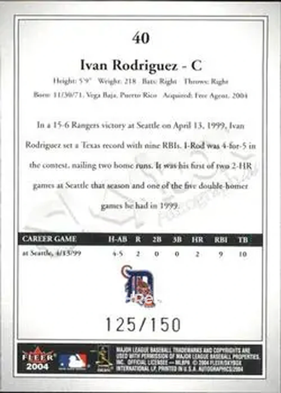 2004 SkyBox Autographics - Insignia #40 - Ivan Rodriguez - Detroit Tigers - Back