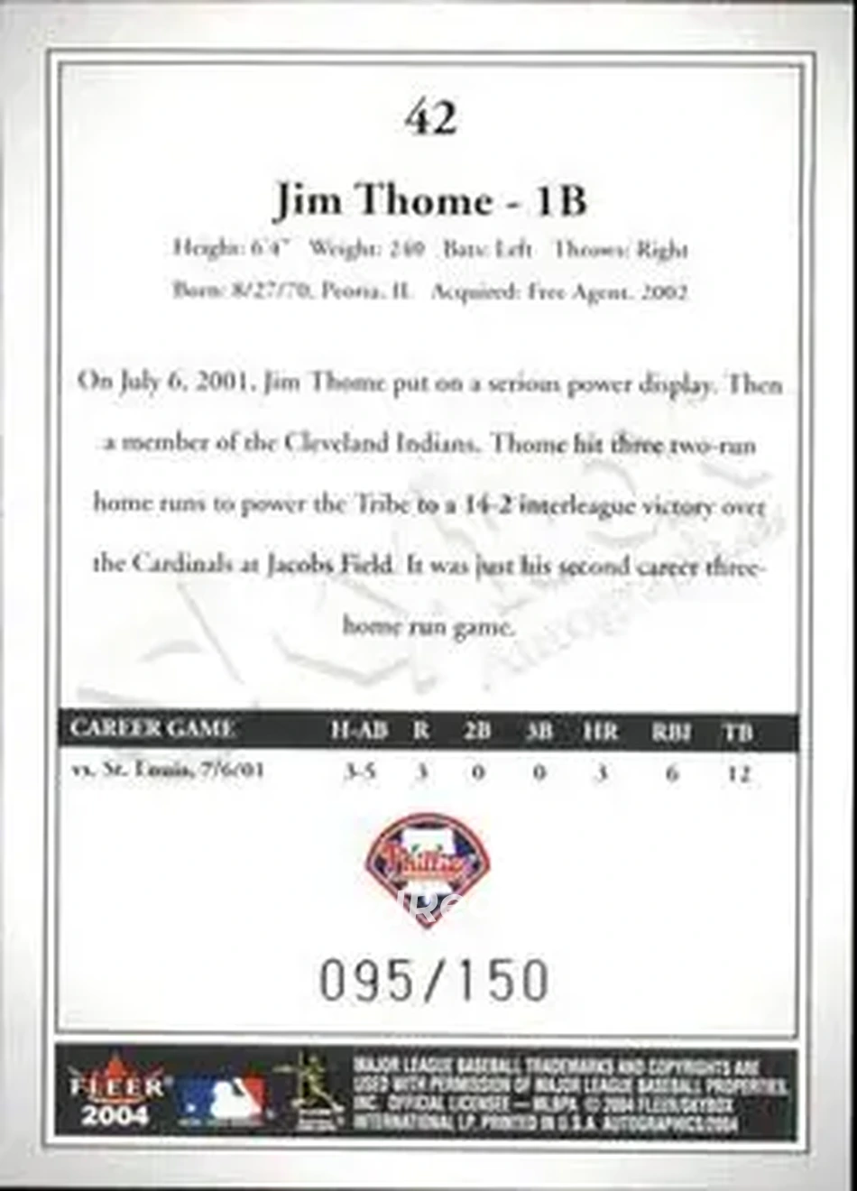 2004 SkyBox Autographics - Insignia #42 - Jim Thome - Philadelphia Phillies - Back 2004 SkyBox Autographics - Insignia #42 - Jim Thome - Philadelphia Phillies - Back