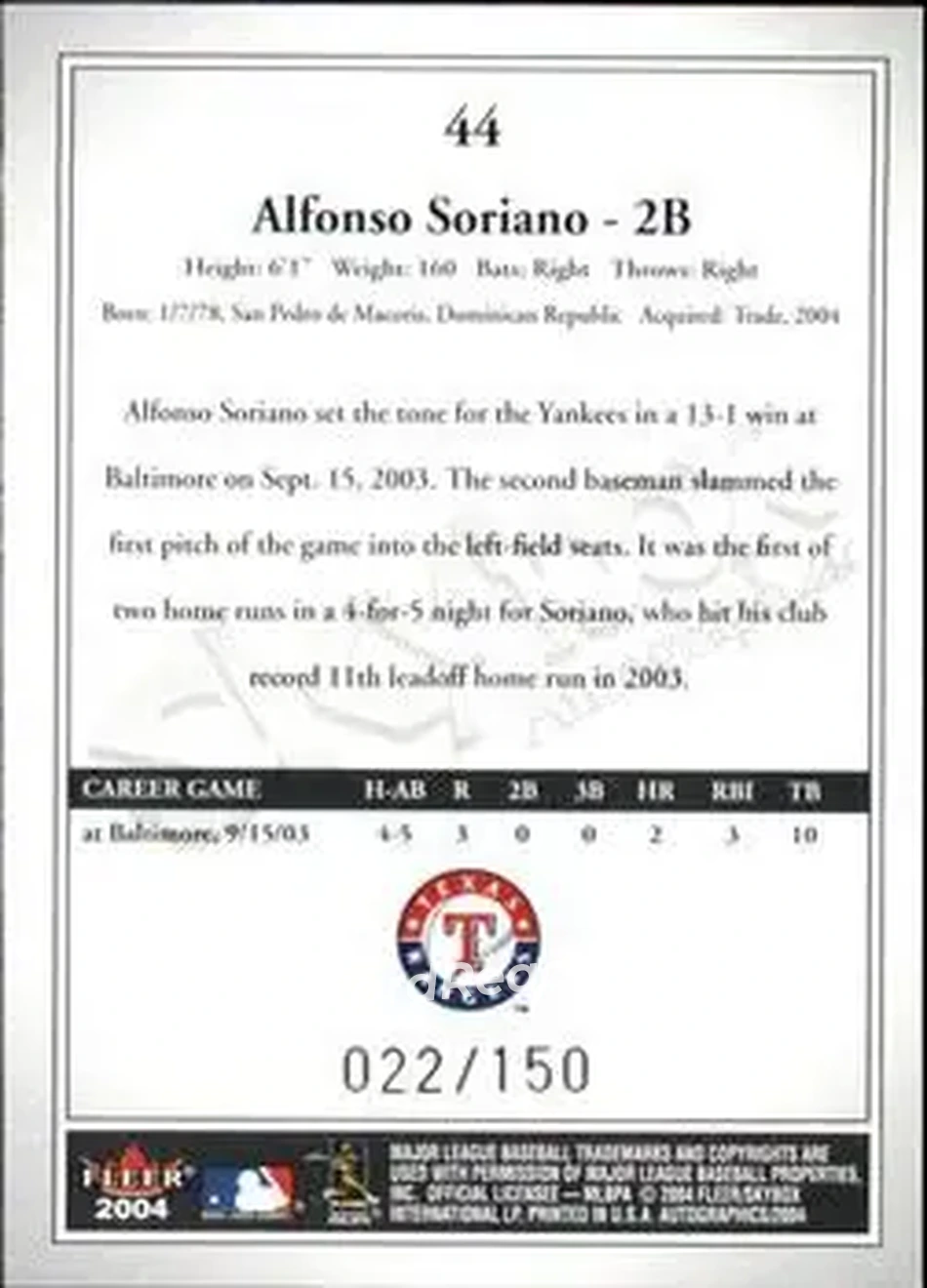 2004 SkyBox Autographics - Insignia #44 - Alfonso Soriano - Texas Rangers - Back