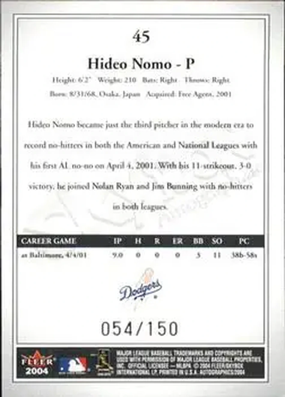2004 SkyBox Autographics - Insignia #45 - Hideo Nomo - Los Angeles Dodgers - Back 2004 SkyBox Autographics - Insignia #45 - Hideo Nomo - Los Angeles Dodgers - Back