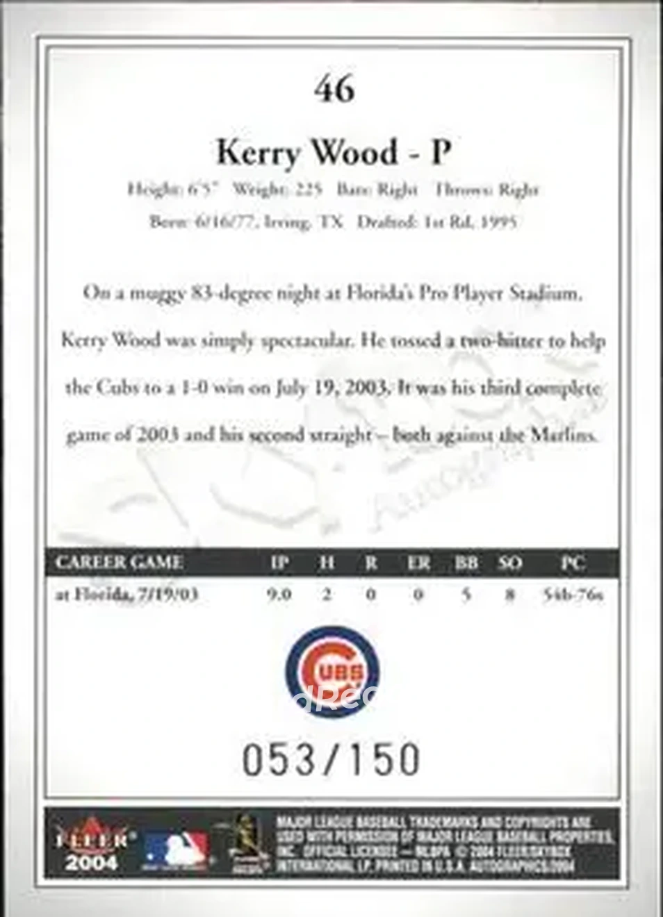 2004 SkyBox Autographics - Insignia #46 - Kerry Wood - Chicago Cubs - Back