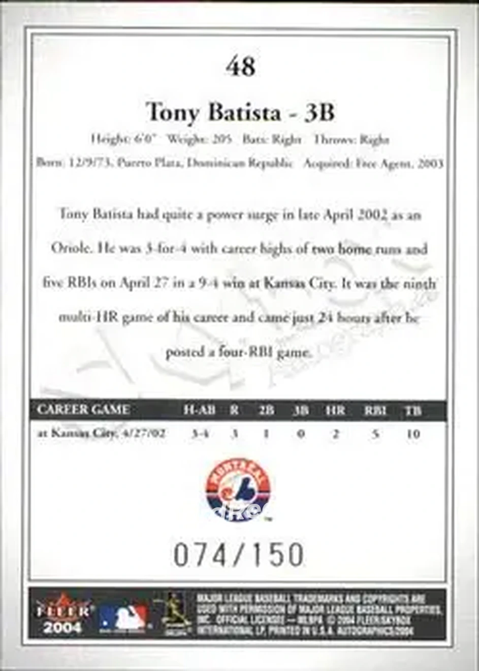 2004 SkyBox Autographics - Insignia #48 - Tony Batista - Montreal Expos - Back