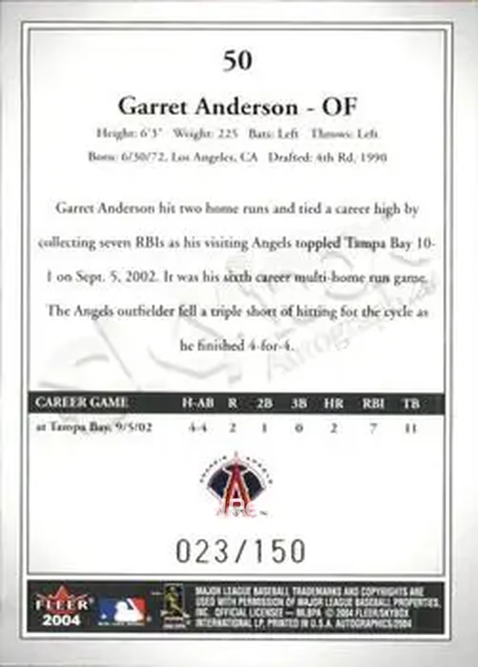 2004 SkyBox Autographics - Insignia #50 - Garret Anderson - Anaheim Angels - Back