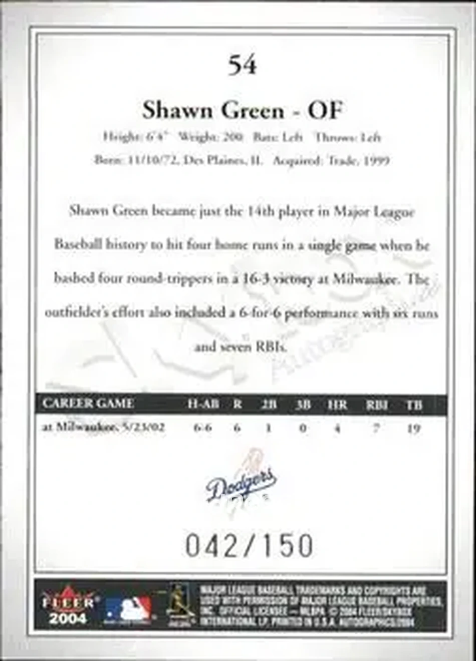 2004 SkyBox Autographics - Insignia #54 - Shawn Green - Los Angeles Dodgers - Back