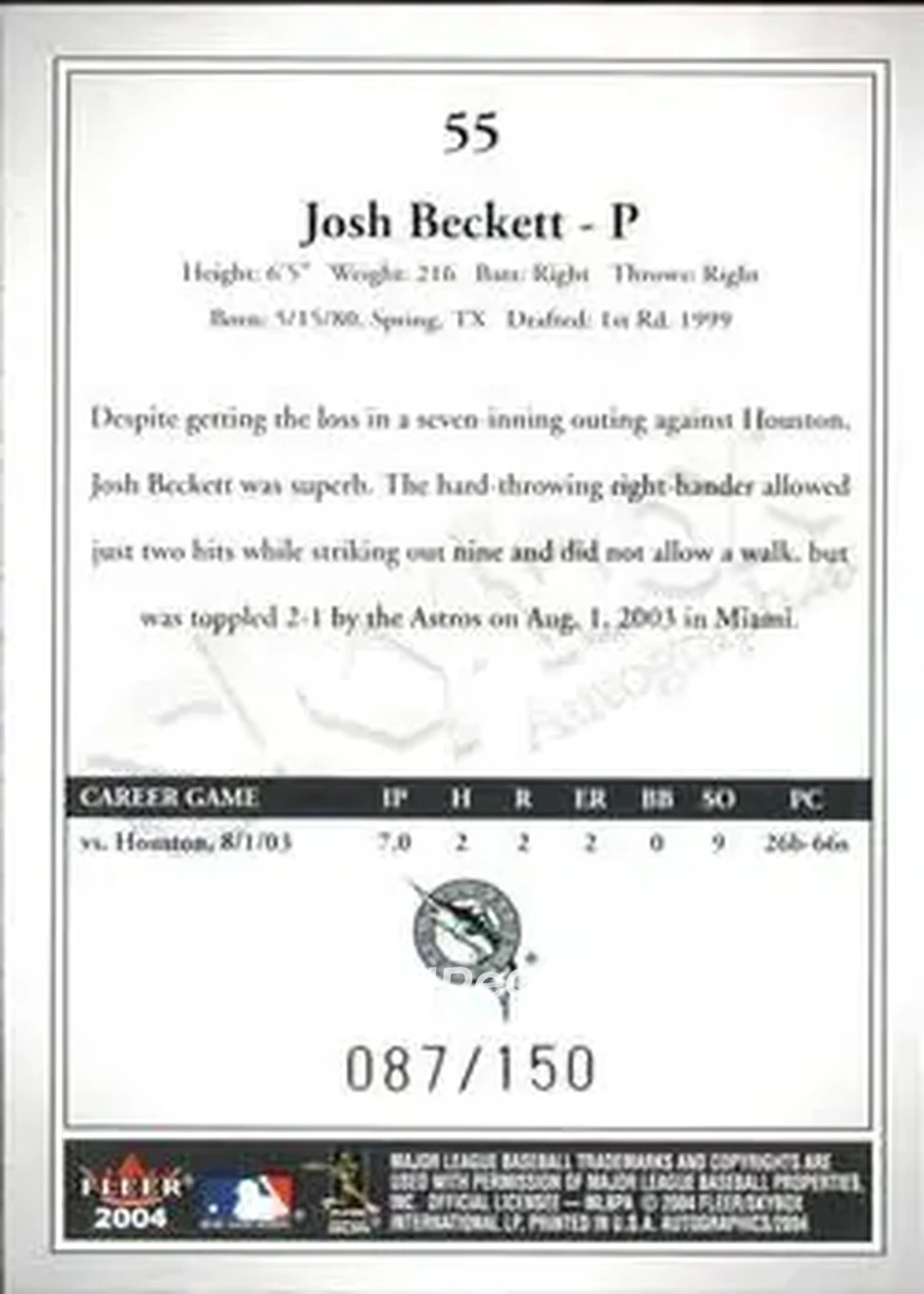 2004 SkyBox Autographics - Insignia #55 - Josh Beckett - Florida Marlins - Back