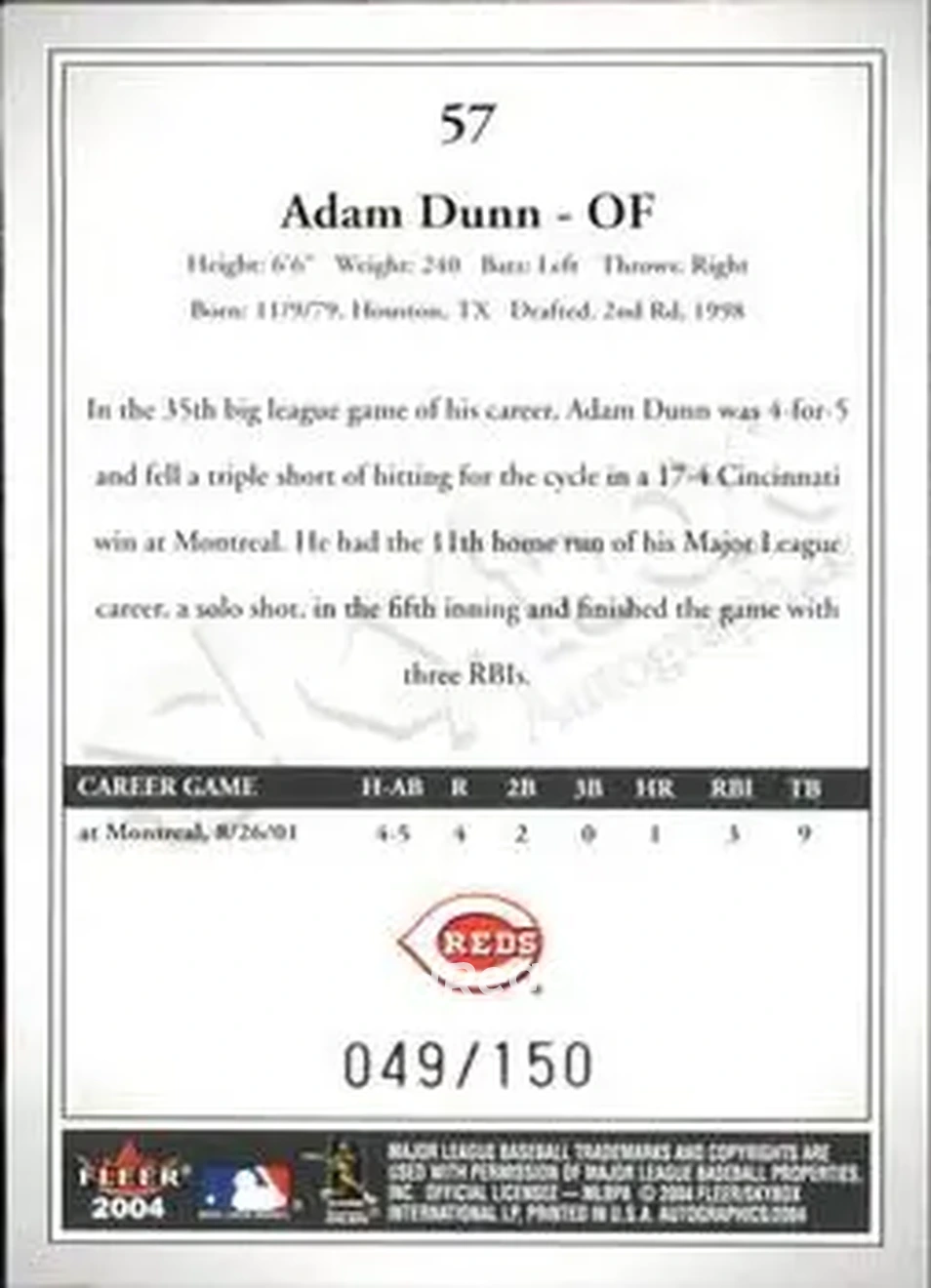 2004 SkyBox Autographics - Insignia #57 - Adam Dunn - Cincinnati Reds - Back 2004 SkyBox Autographics - Insignia #57 - Adam Dunn - Cincinnati Reds - Back