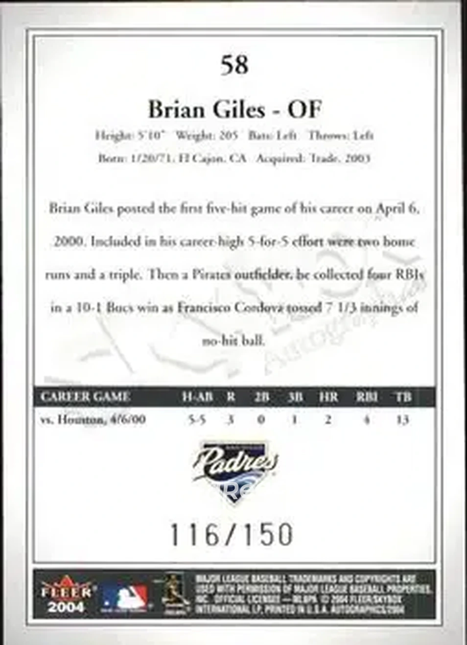 2004 SkyBox Autographics - Insignia #58 - Brian Giles - San Diego Padres - Back