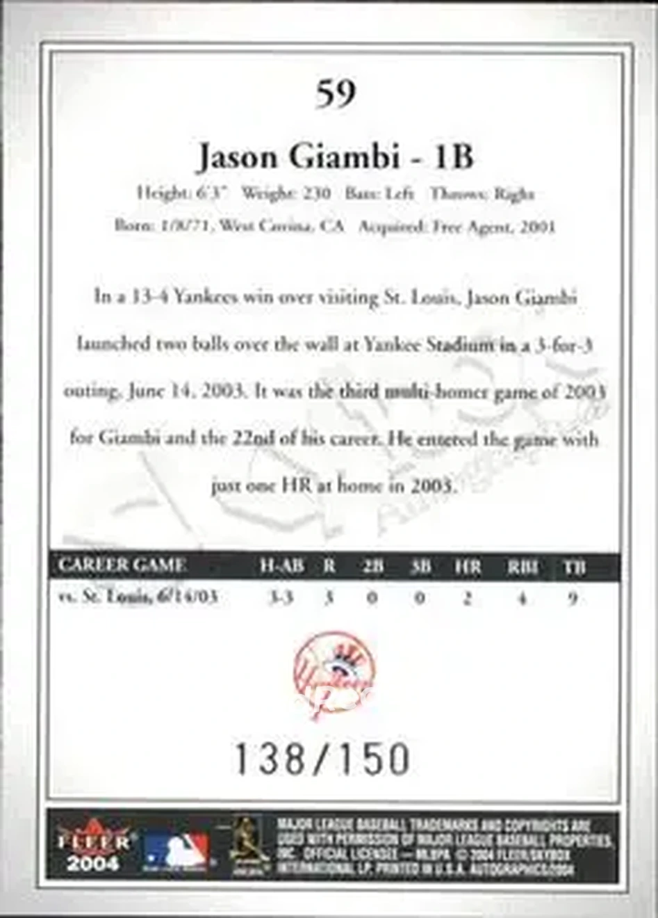 2004 SkyBox Autographics - Insignia #59 - Jason Giambi - New York Yankees - Back