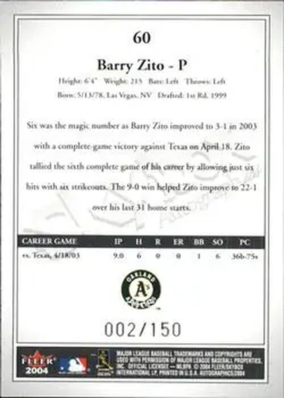 2004 SkyBox Autographics - Insignia #60 - Barry Zito - Oakland Athletics - Back