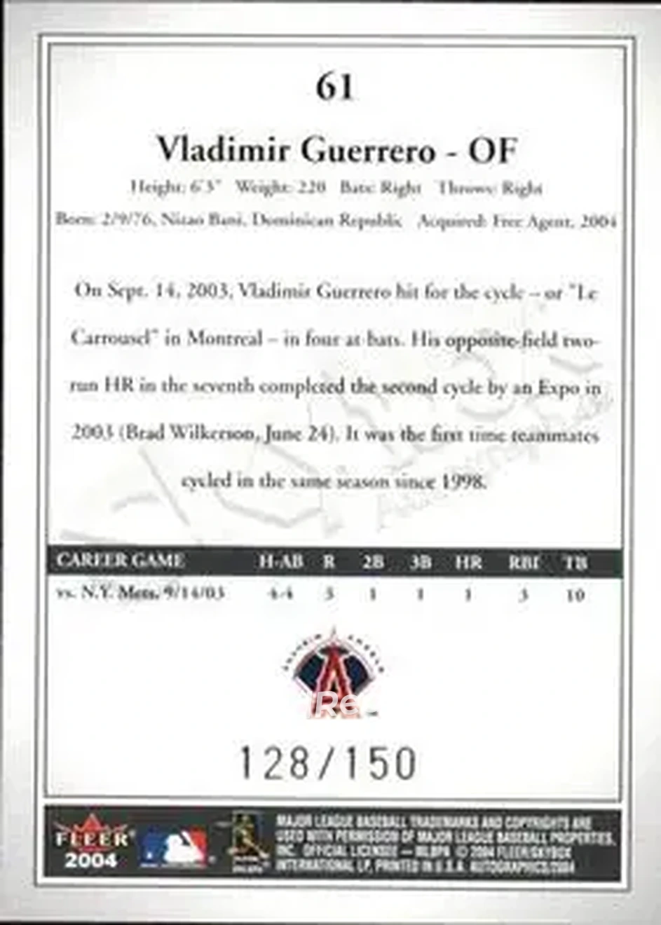2004 SkyBox Autographics - Insignia #61 - Vladimir Guerrero - Anaheim Angels - Back