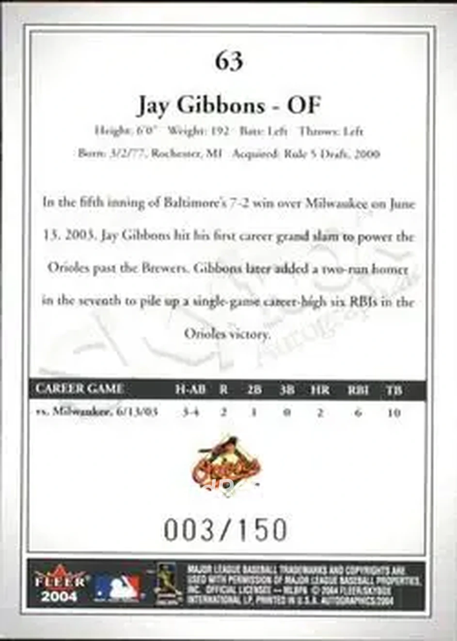 2004 SkyBox Autographics - Insignia #63 - Jay Gibbons - Baltimore Orioles - Back