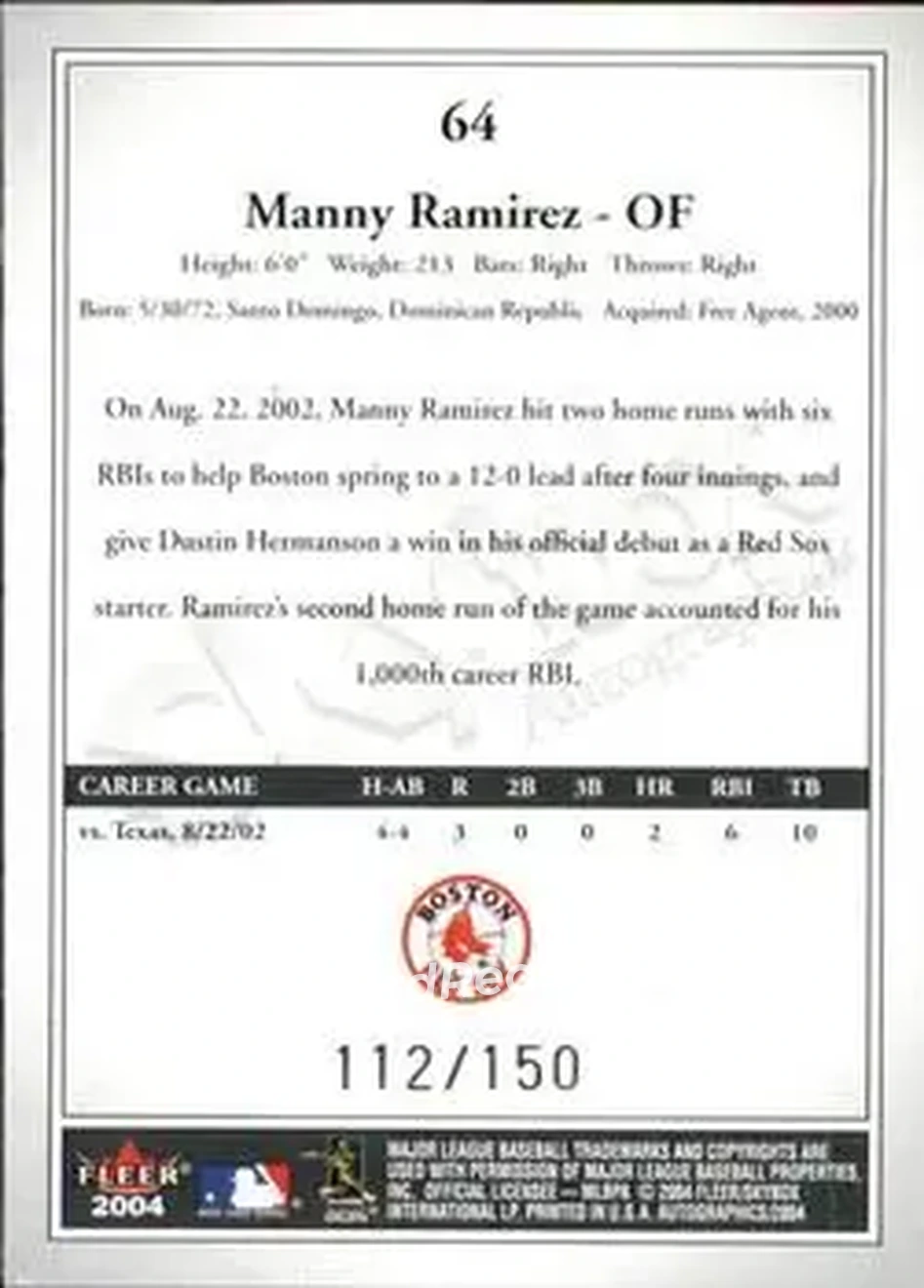 2004 SkyBox Autographics - Insignia #64 - Manny Ramirez - Boston Red Sox - Back