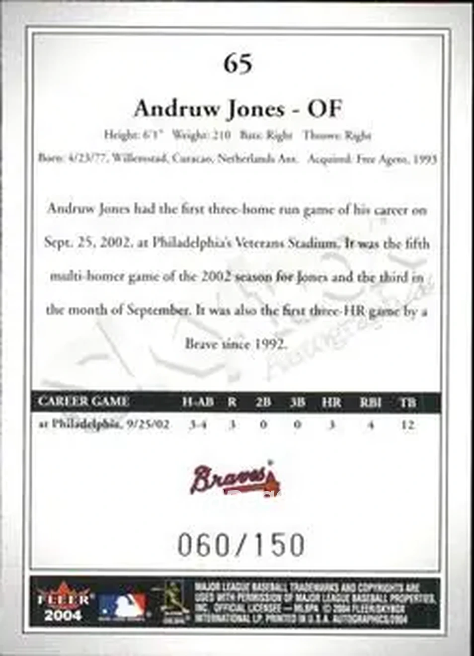 2004 SkyBox Autographics - Insignia #65 - Andruw Jones - Atlanta Braves - Back