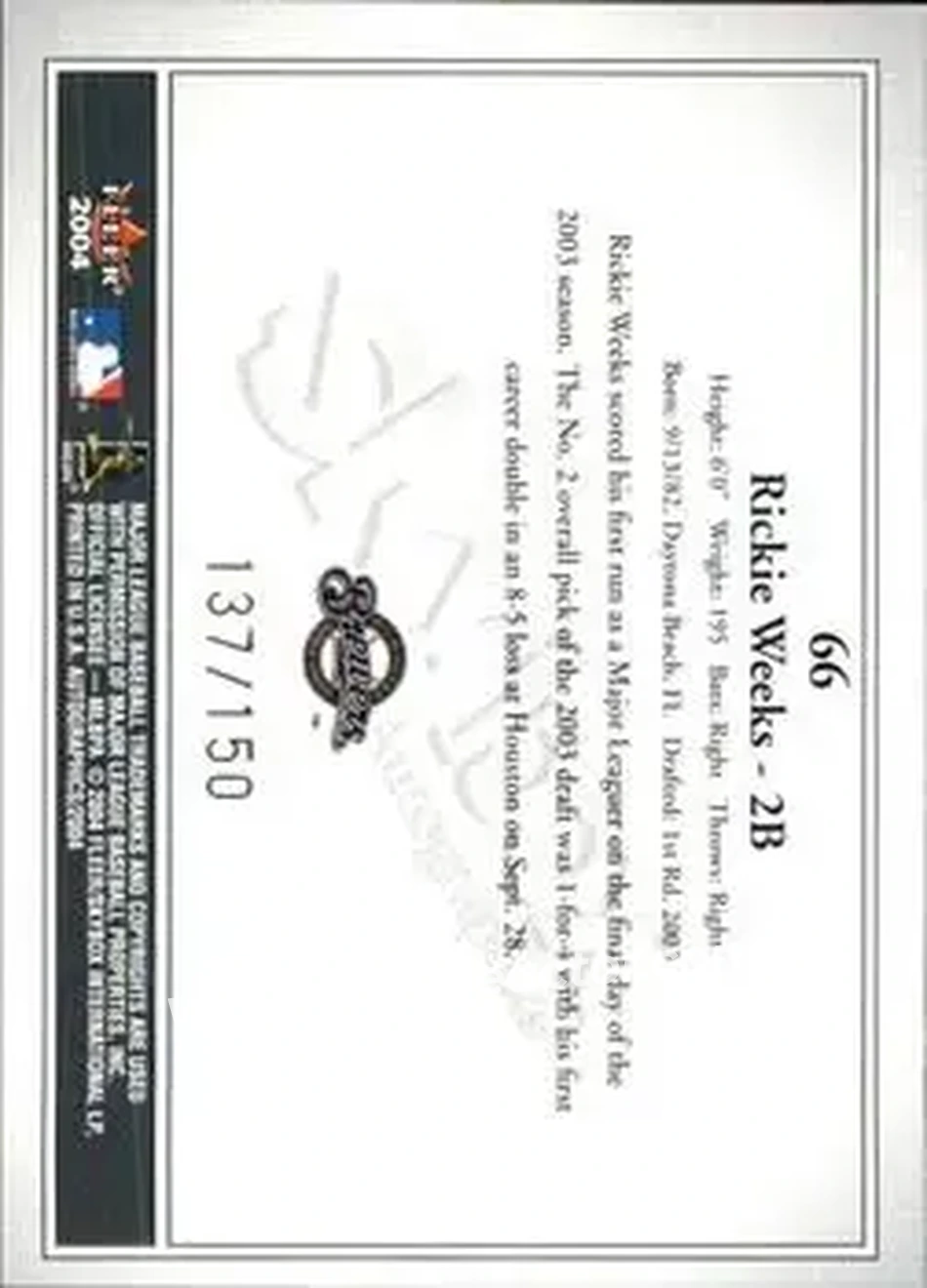 2004 SkyBox Autographics - Insignia #66 - Rickie Weeks - Milwaukee Brewers - Back