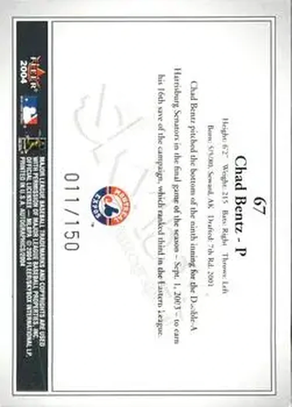 2004 SkyBox Autographics - Insignia #67 - Chad Bentz - Montreal Expos - Back