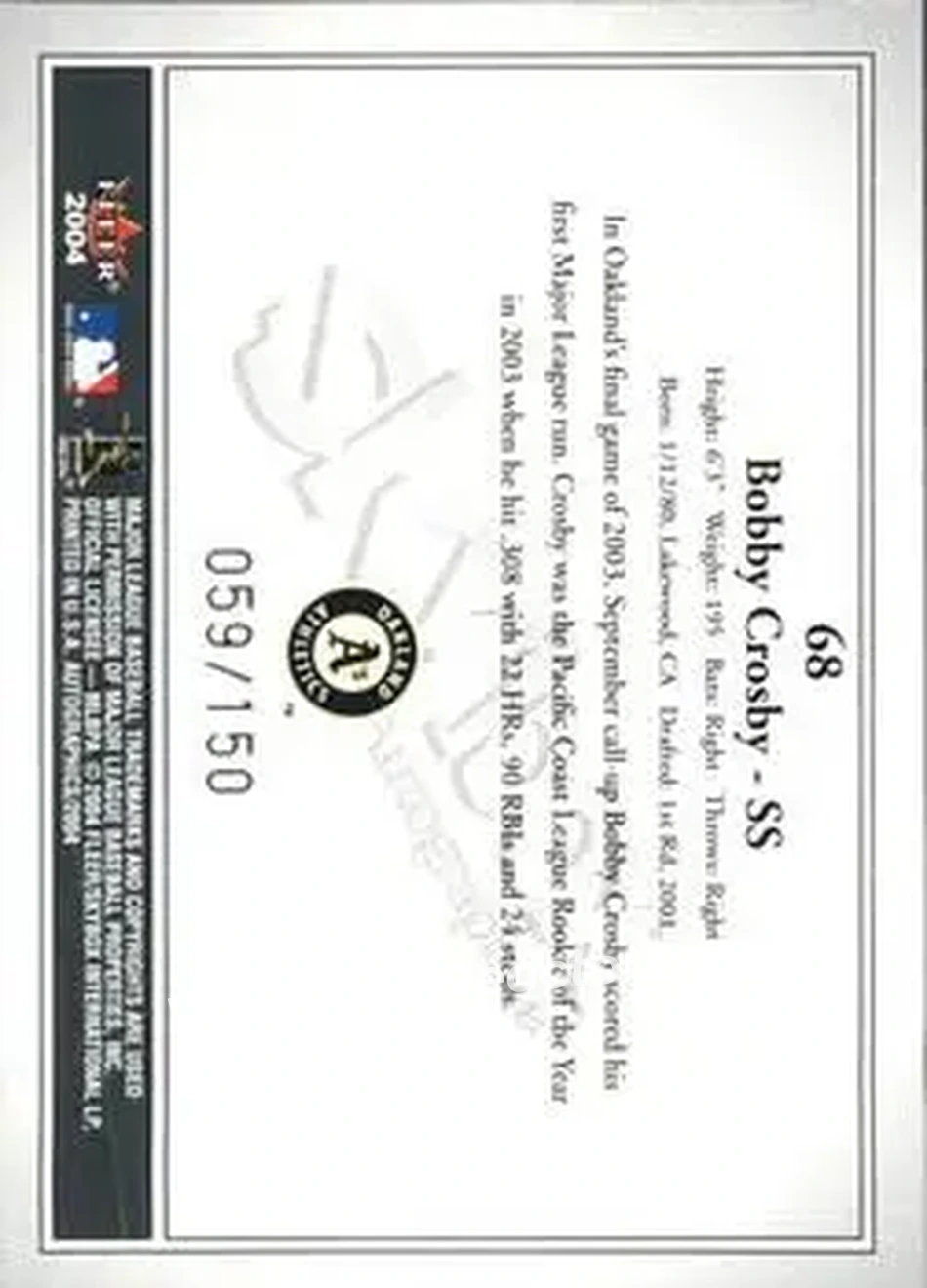 2004 SkyBox Autographics - Insignia #68 - Bobby Crosby - Oakland Athletics - Back