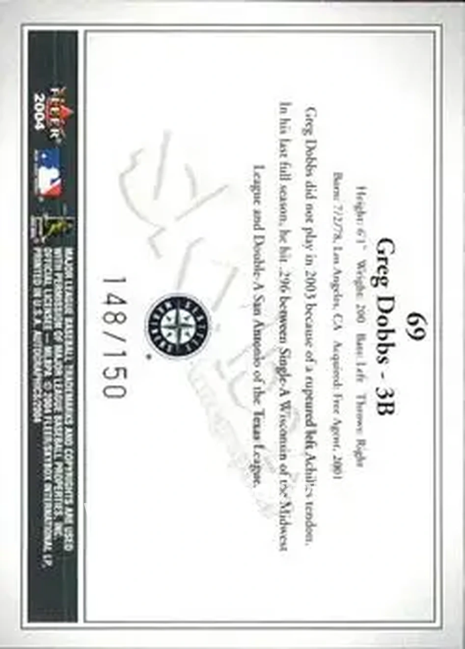 2004 SkyBox Autographics - Insignia #69 - Greg Dobbs - Seattle Mariners - Back