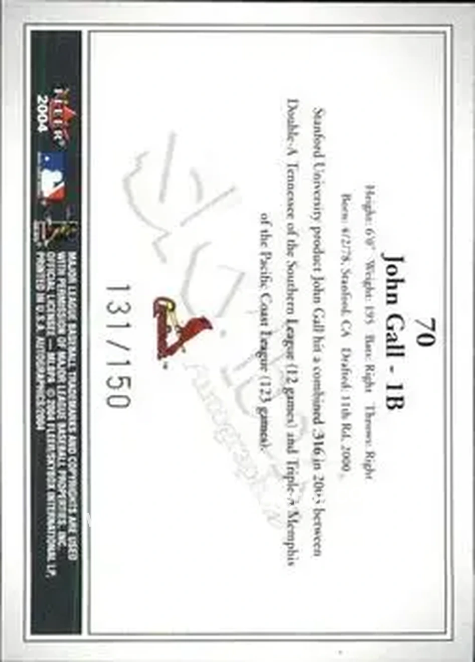 2004 SkyBox Autographics - Insignia #70 - John Gall - St. Louis Cardinals - Back