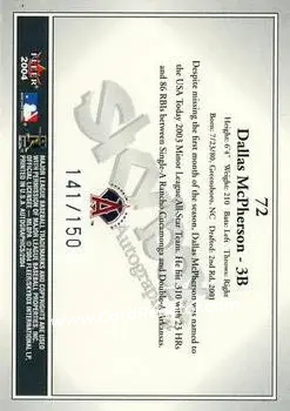 2004 SkyBox Autographics - Insignia #72 - Dallas McPherson - Anaheim Angels - Back
