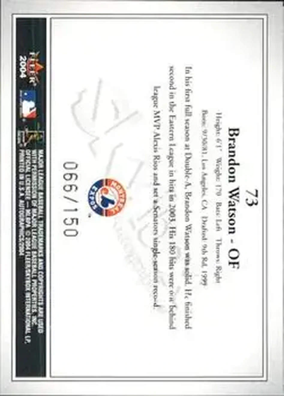 2004 SkyBox Autographics - Insignia #73 - Brandon Watson - Montreal Expos - Back