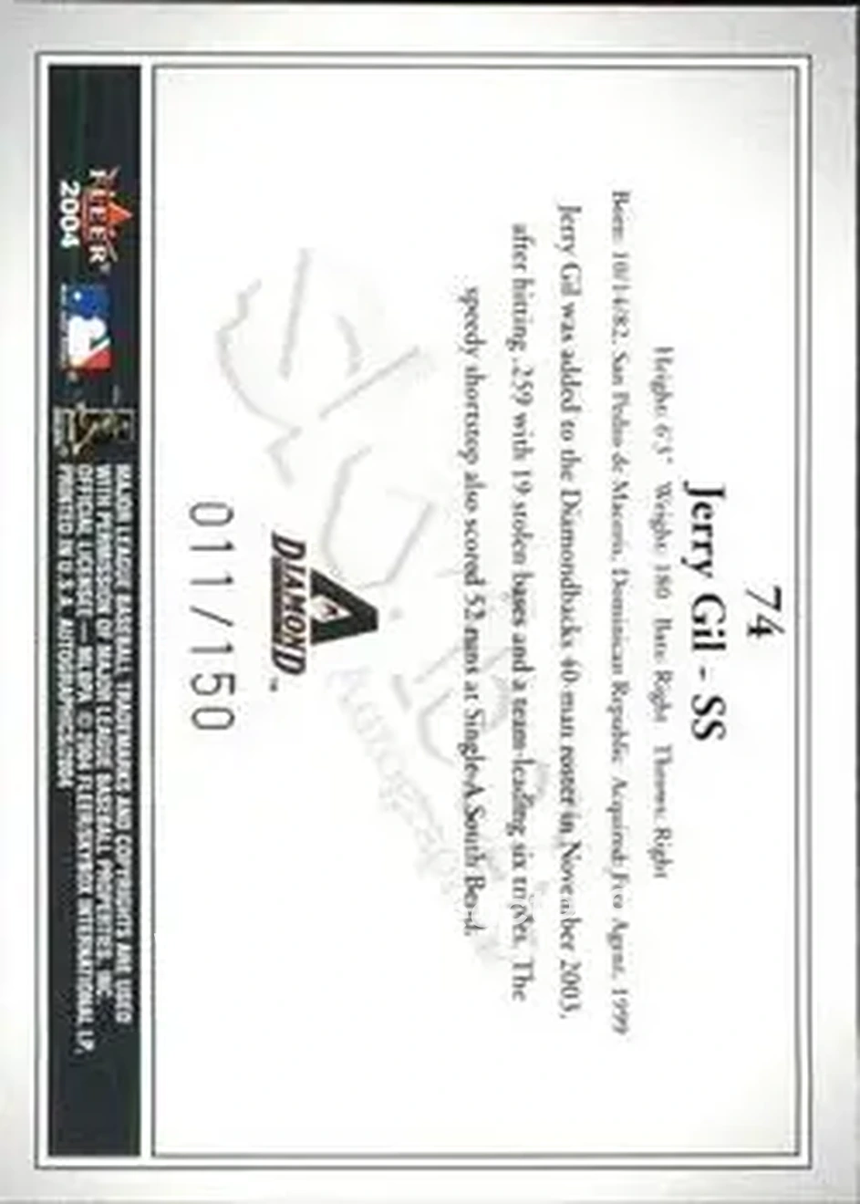 2004 SkyBox Autographics - Insignia #74 - Jerry Gil - Arizona Diamondbacks - Back