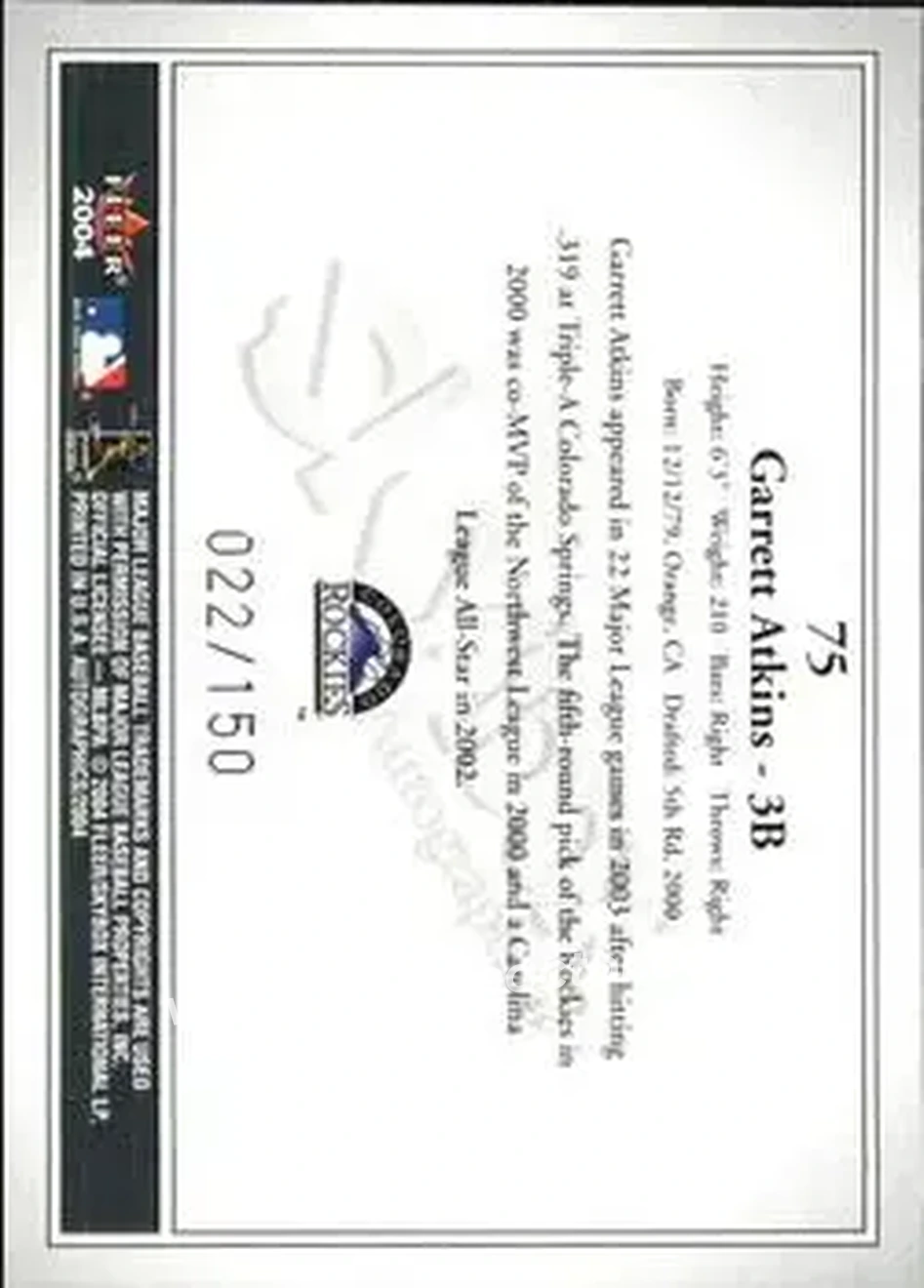 2004 SkyBox Autographics - Insignia #75 - Garrett Atkins - Colorado Rockies - Back