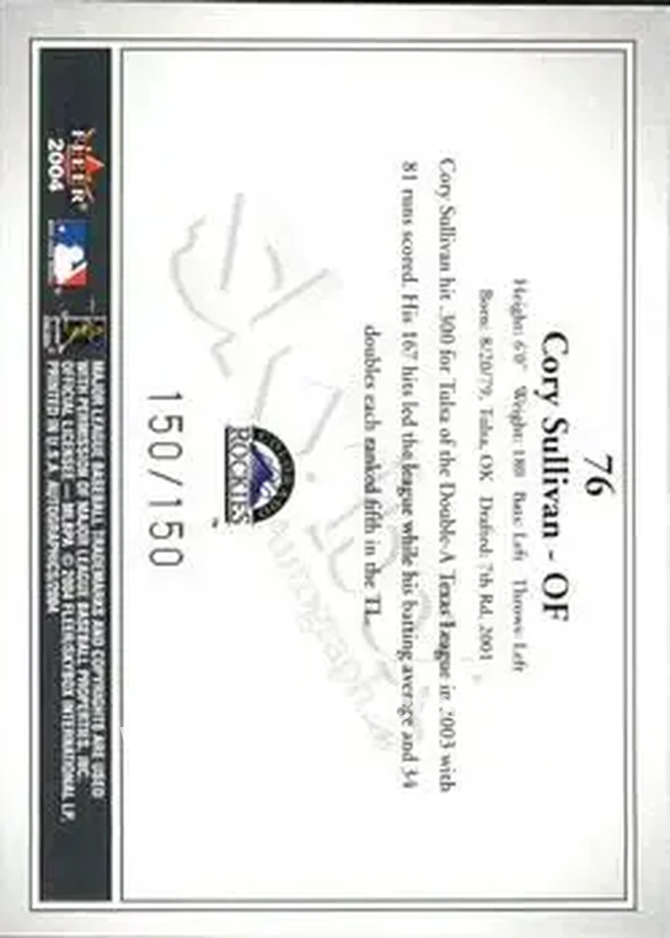 2004 SkyBox Autographics - Insignia #76 - Cory Sullivan - Colorado Rockies - Back