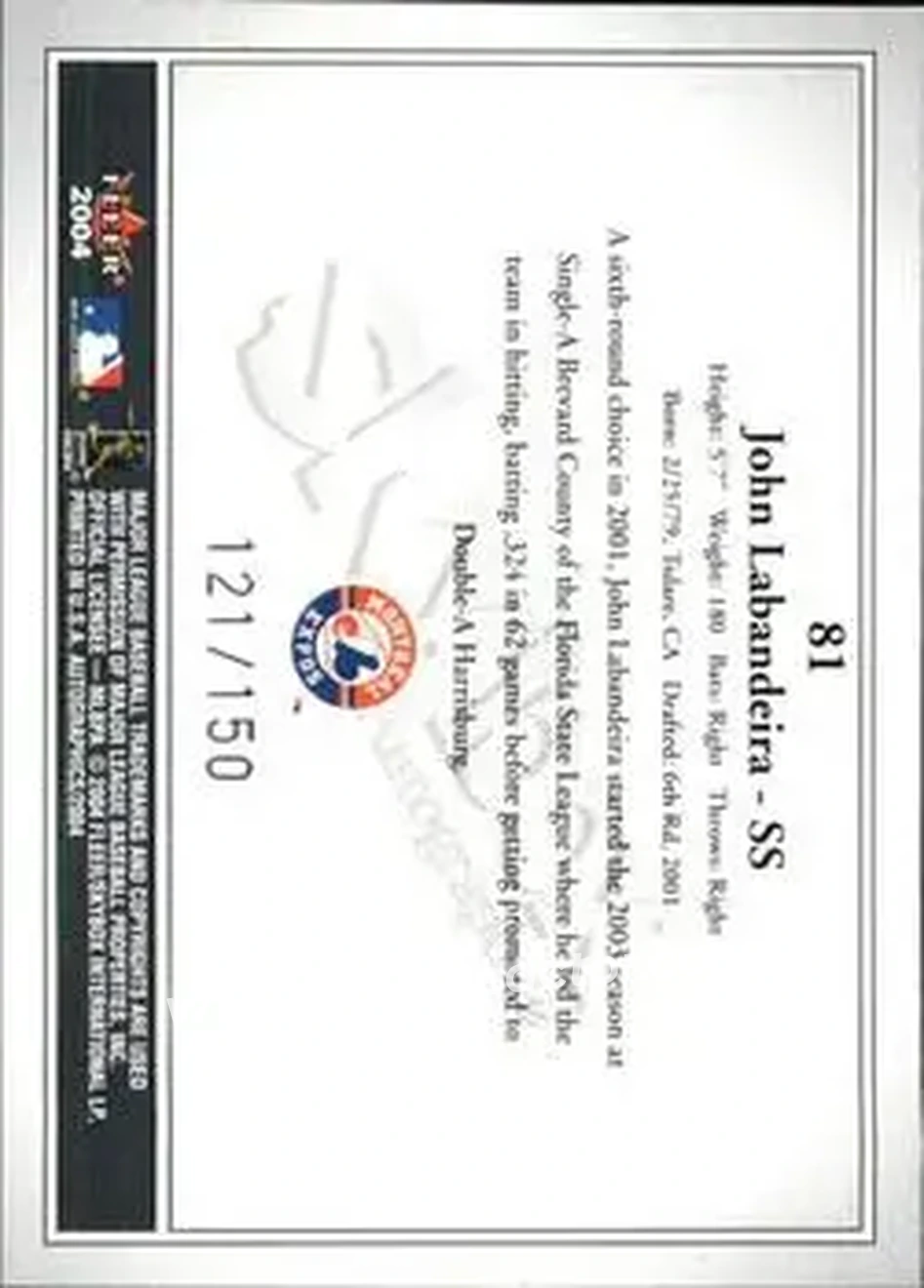 2004 SkyBox Autographics - Insignia #81 - Josh Labandeira - Montreal Expos - Back
