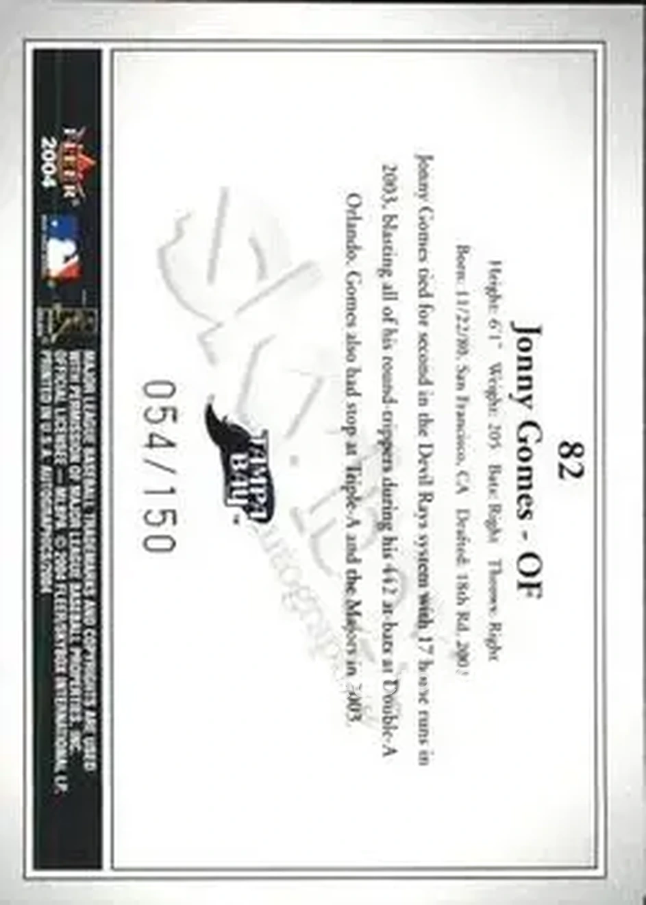 2004 SkyBox Autographics - Insignia #82 - Jonny Gomes - Tampa Bay Devil Rays - Back