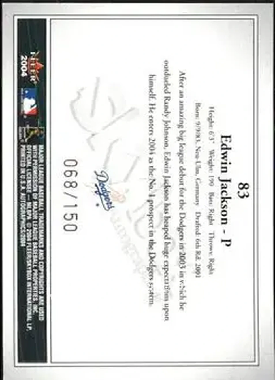 2004 SkyBox Autographics - Insignia #83 - Edwin Jackson - Los Angeles Dodgers - Back 2004 SkyBox Autographics - Insignia #83 - Edwin Jackson - Los Angeles Dodgers - Back