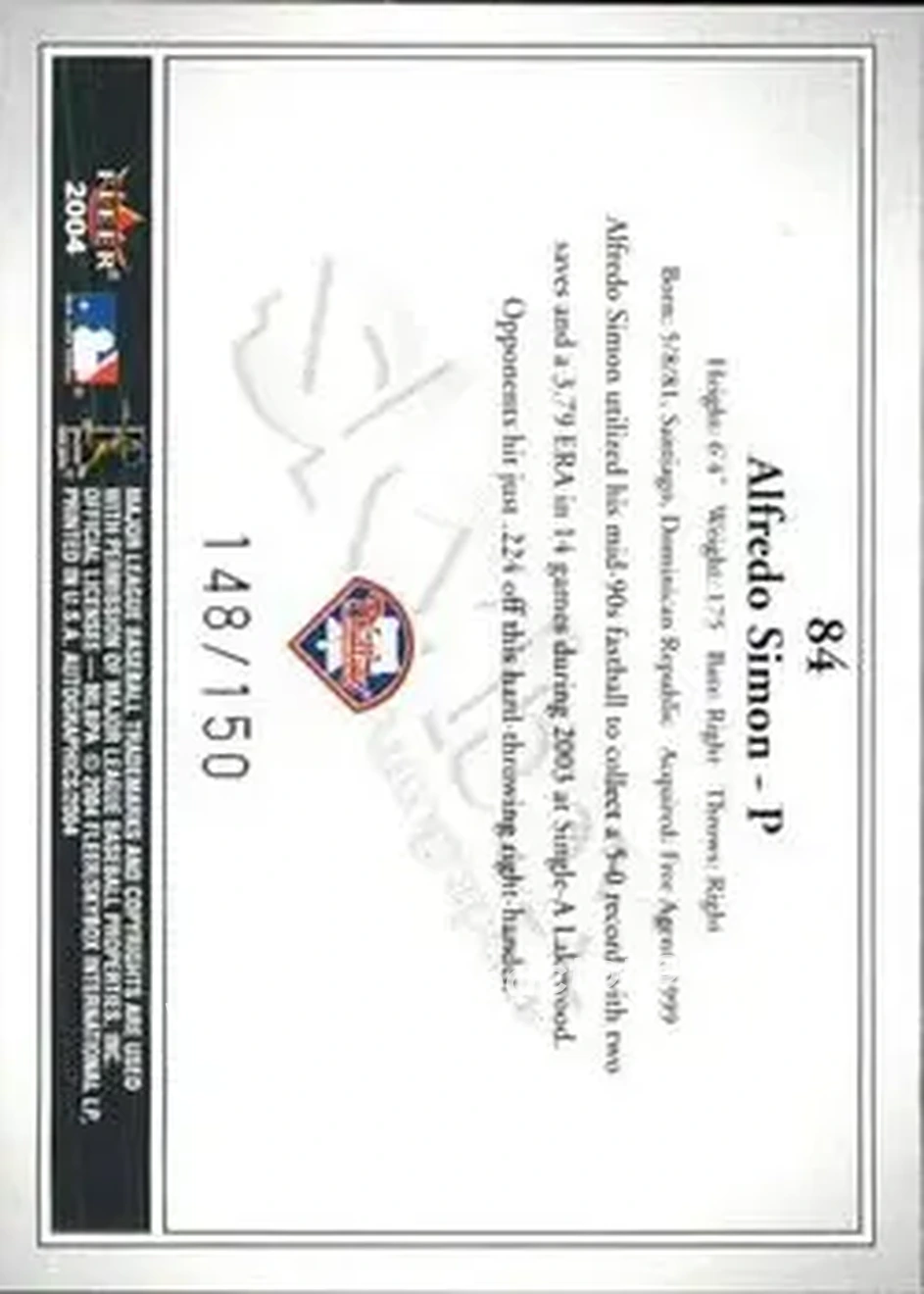 2004 SkyBox Autographics - Insignia #84 - Alfredo Simon - Philadelphia Phillies - Back