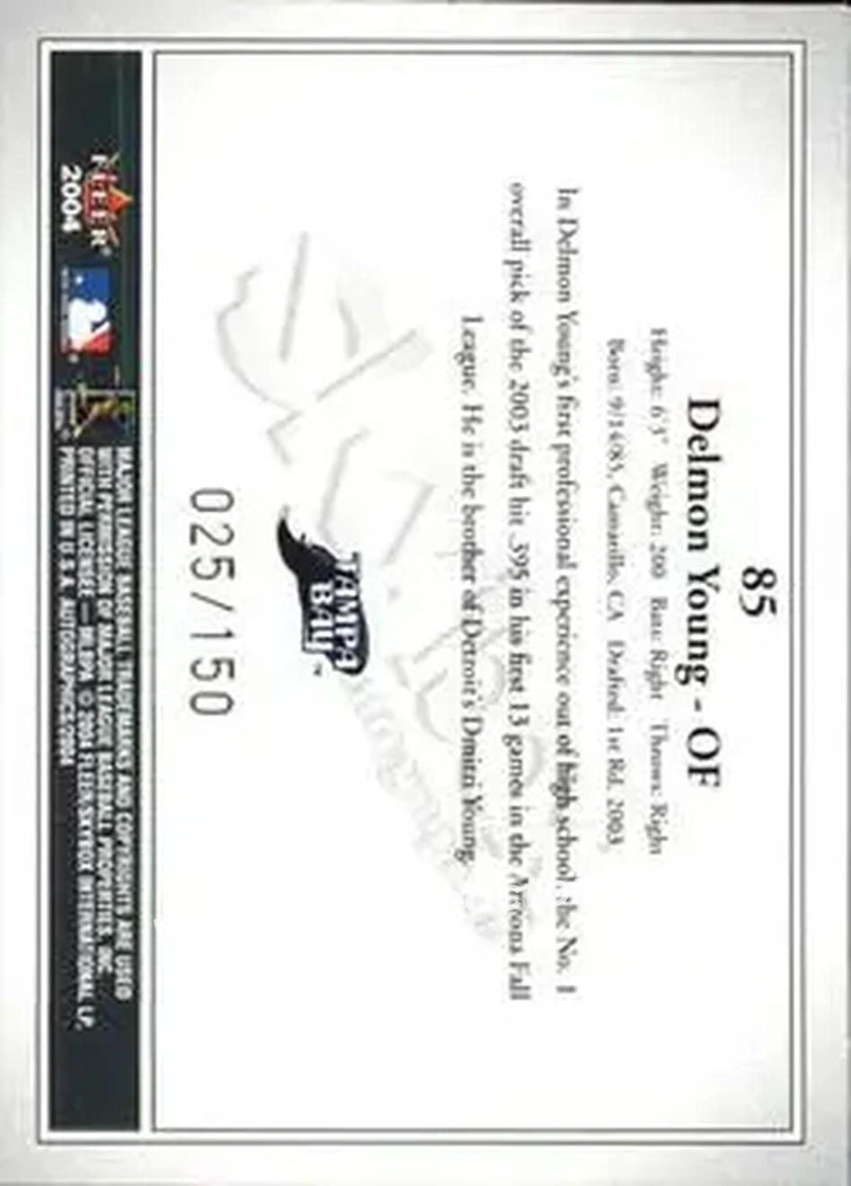2004 SkyBox Autographics - Insignia #85 - Delmon Young - Tampa Bay Devil Rays - Back
