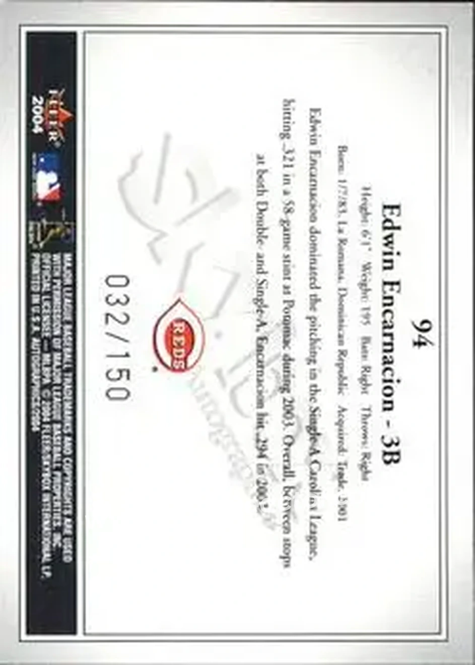 2004 SkyBox Autographics - Insignia #94 - Edwin Encarnacion - Cincinnati Reds - Back