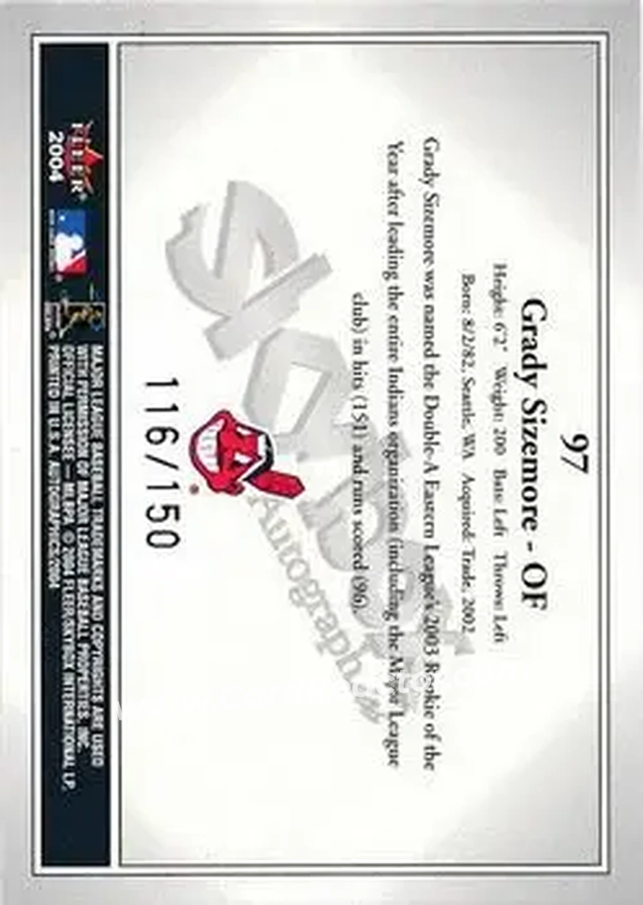 2004 SkyBox Autographics - Insignia #97 - Grady Sizemore - Cleveland Indians - Back