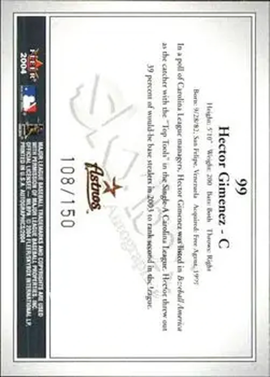 2004 SkyBox Autographics - Insignia #99 - Hector Gimenez - Houston Astros - Back