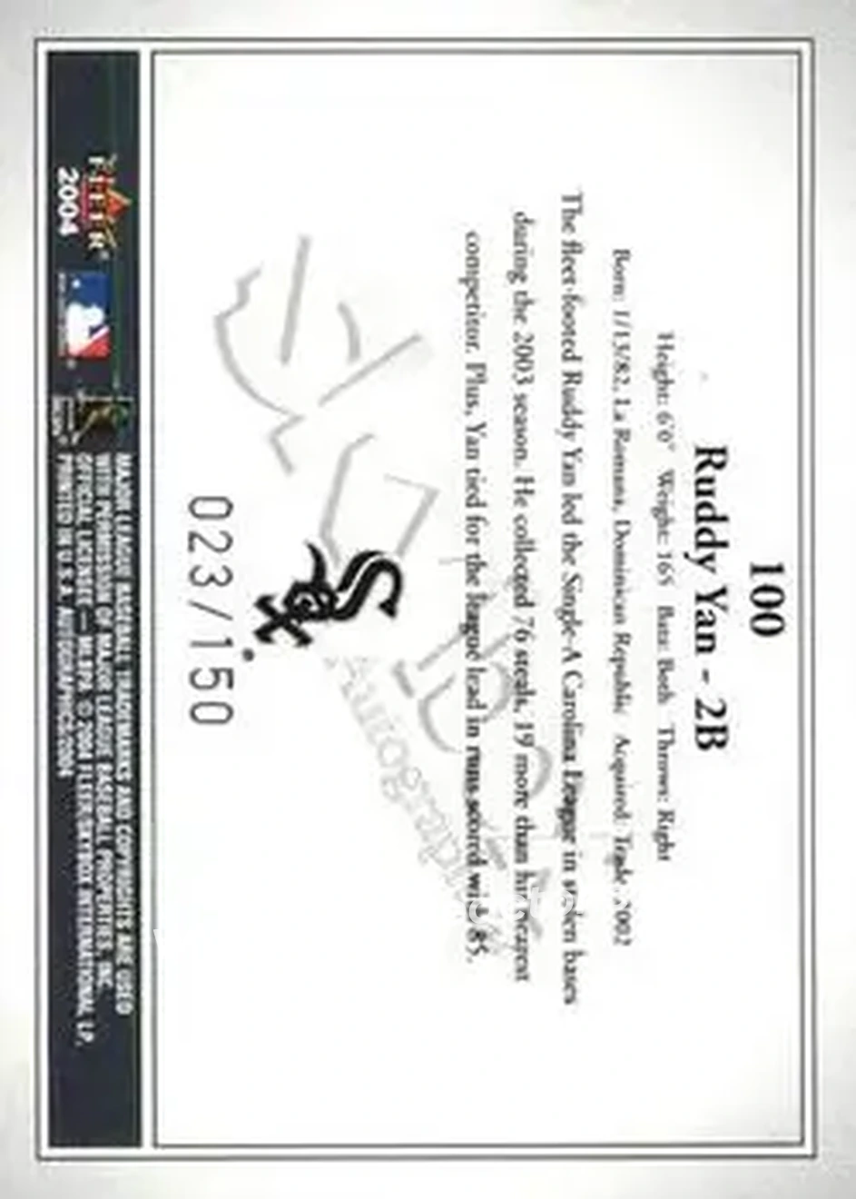 2004 SkyBox Autographics - Insignia #100 - Ruddy Yan - Chicago White Sox - Back