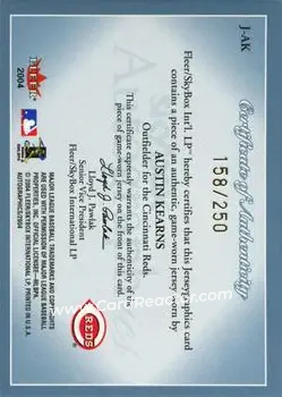 2004 SkyBox Autographics - Jerseygraphics Blue #J-AK - Austin Kearns - Cincinnati Reds - Back