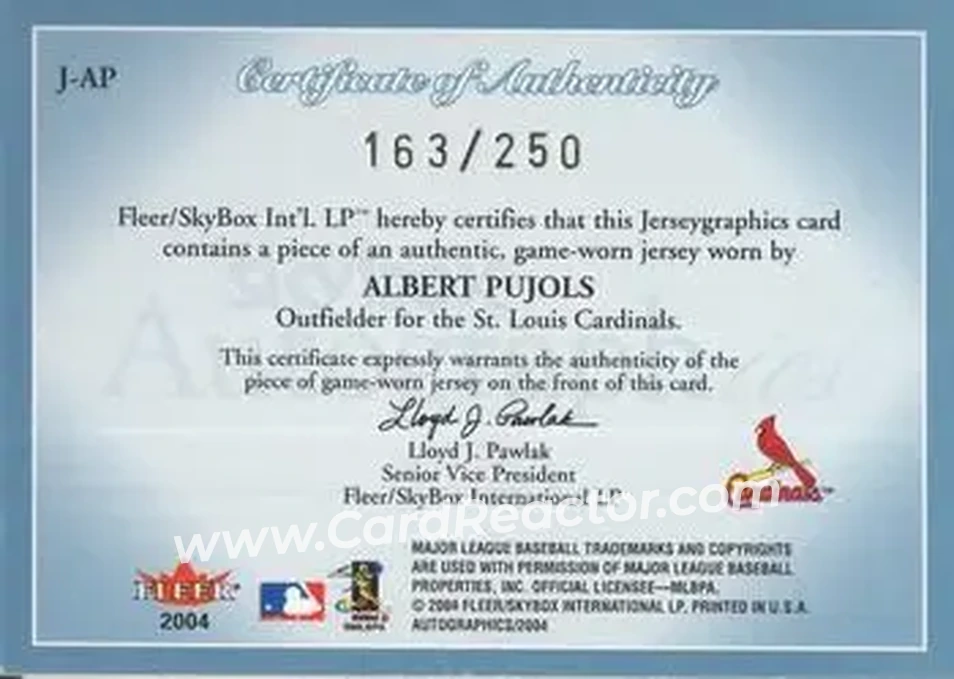 2004 SkyBox Autographics - Jerseygraphics Blue #J-AP - Albert Pujols - St. Louis Cardinals - Back