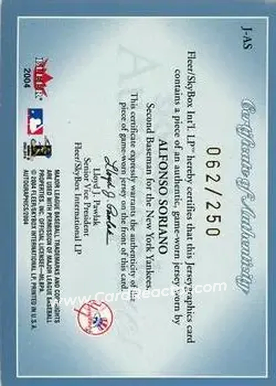 2004 SkyBox Autographics - Jerseygraphics Blue #J-AS - Alfonso Soriano - New York Yankees - Back