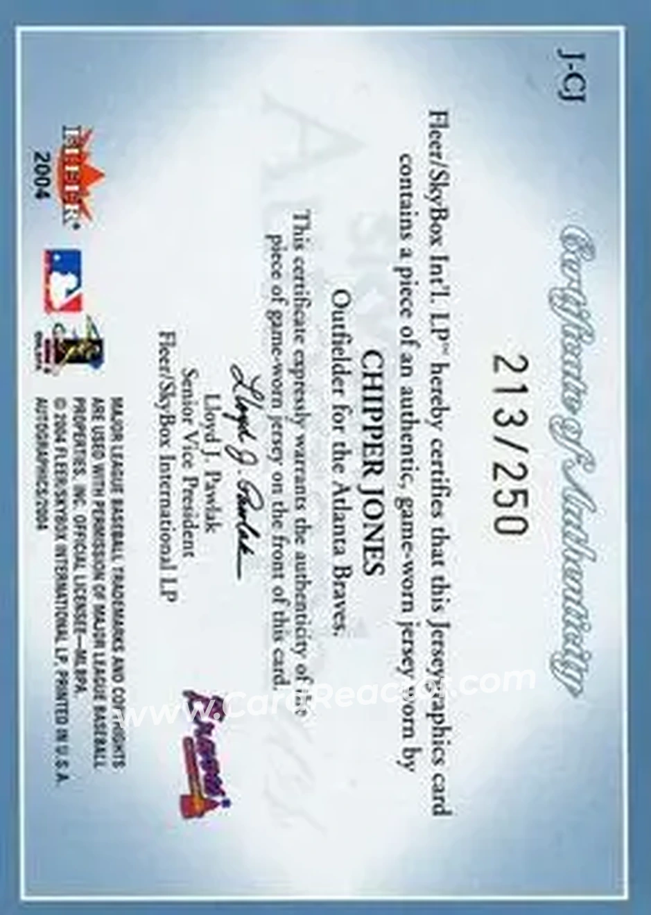 2004 SkyBox Autographics - Jerseygraphics Blue #J-CJ - Chipper Jones - Atlanta Braves - Back
