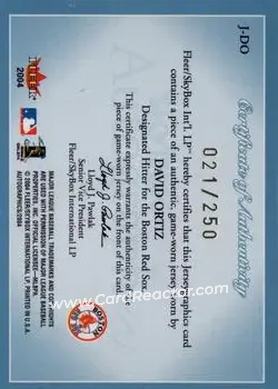 2004 SkyBox Autographics - Jerseygraphics Blue #J-DO - David Ortiz - Boston Red Sox - Back