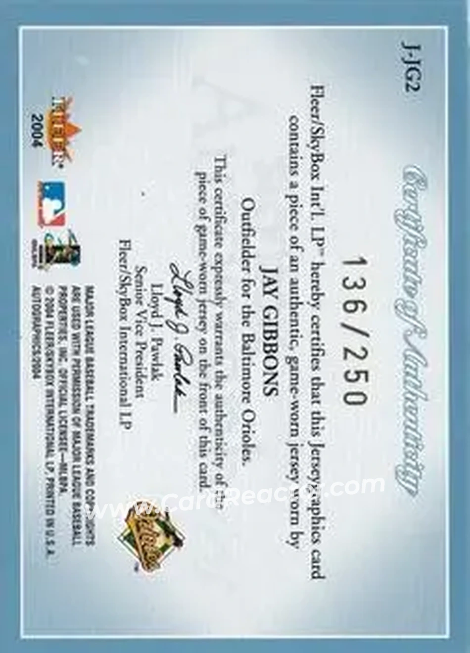 2004 SkyBox Autographics - Jerseygraphics Blue #J-JG2 - Jay Gibbons - Baltimore Orioles - Back