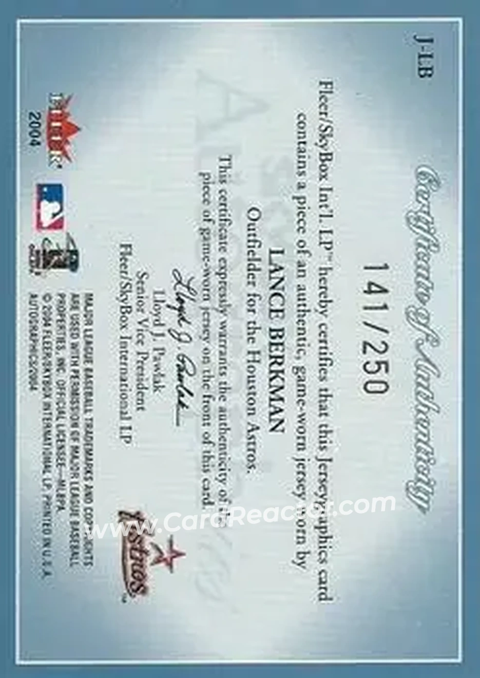 2004 SkyBox Autographics - Jerseygraphics Blue #J-LB - Lance Berkman - Houston Astros - Back